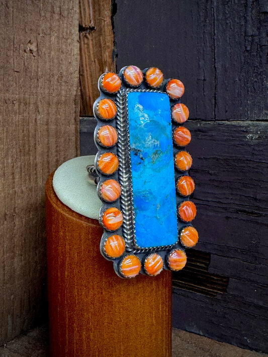 Handmade Native Spiny Oyster & Turquoise Adjustable Sterling Silver Ring - Artist Signed
