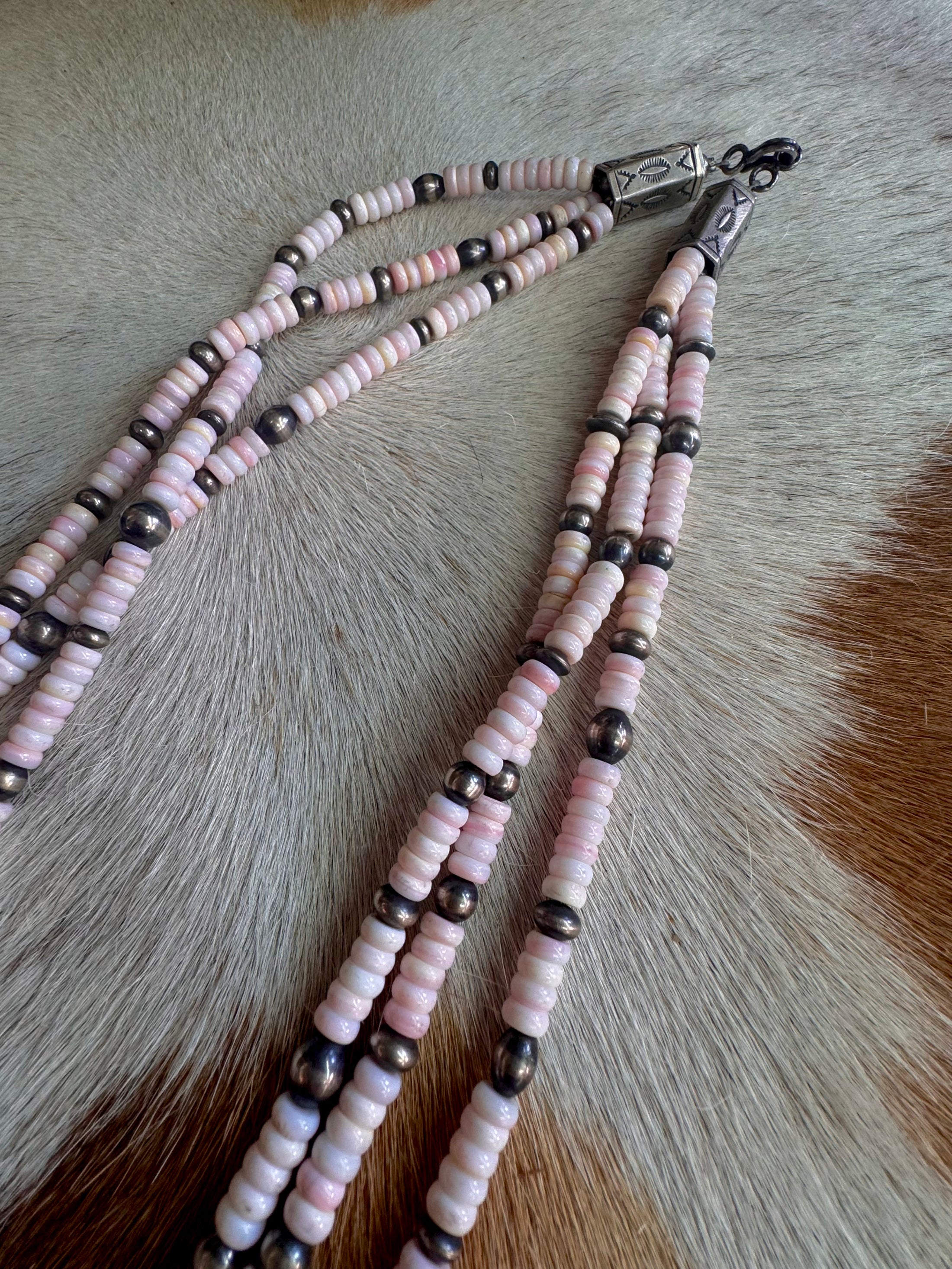 Native American 3 Strand Pink Conch Necklace with Pink Conch Cluster Sterling Silver Pendent - Artist Signed