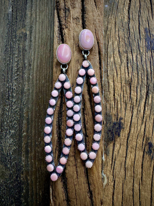 Native American Handmade Pink Conch Sterling Silver Dangle Earrings