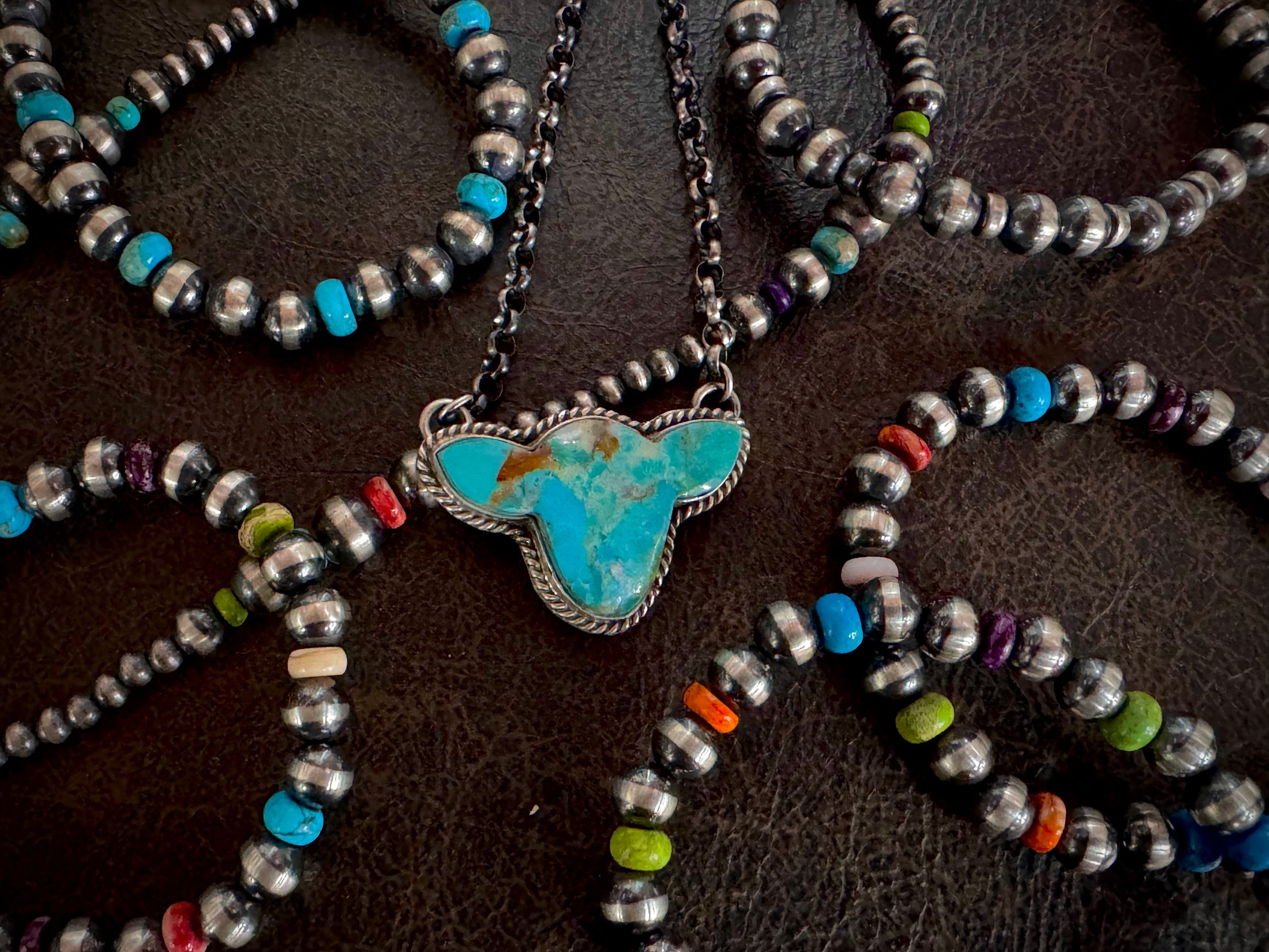 Native American Turquoise Cow Head Sterling Silver Necklace - Artist Stamped