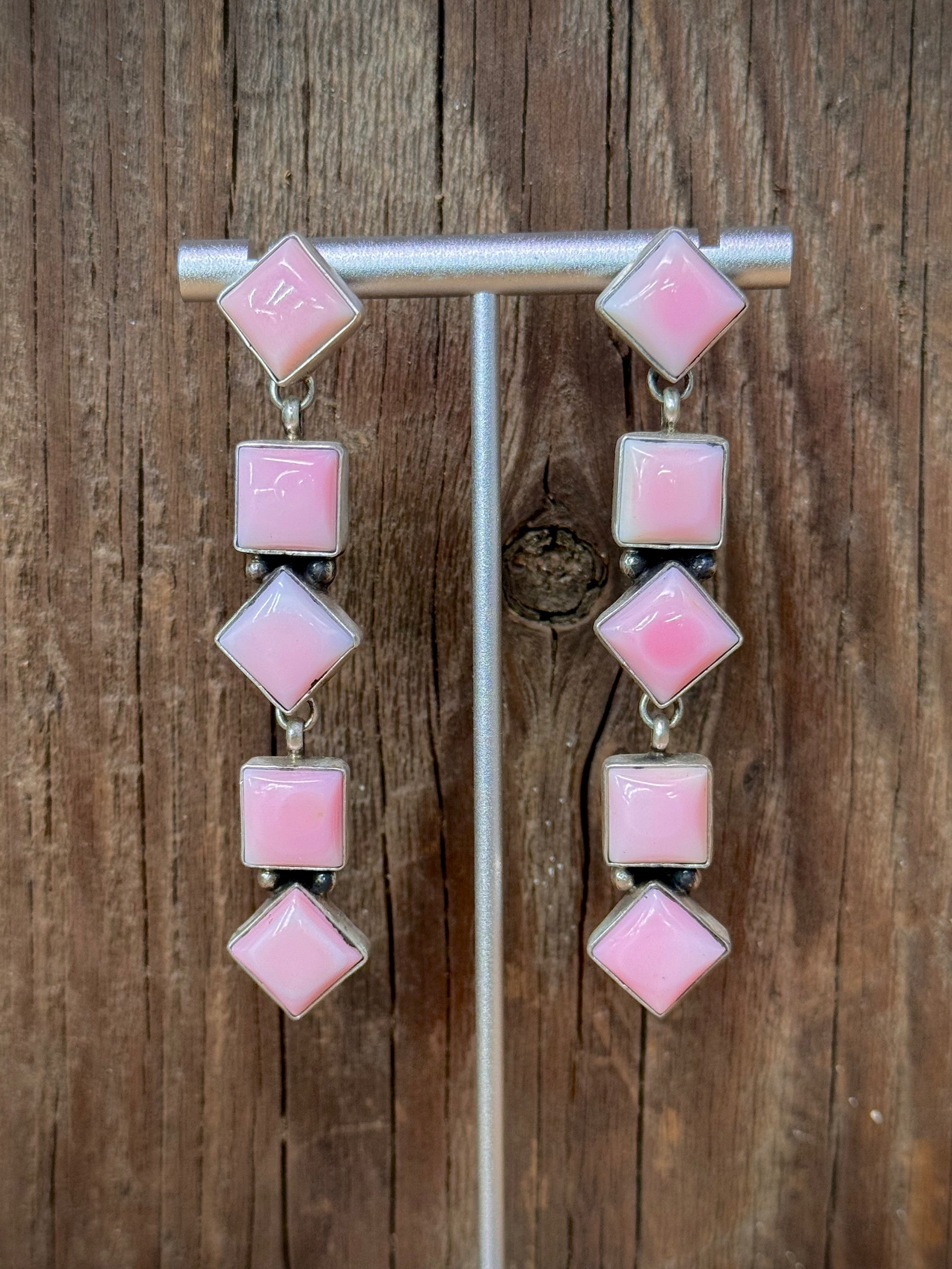 Native American Pink Conch Sterling Silver Dangle Earrings - Artist Stamped