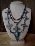 Load image into Gallery viewer, Sterling Silver Skull and Zia Symbol Turquoise Necklace with Earrings Set
