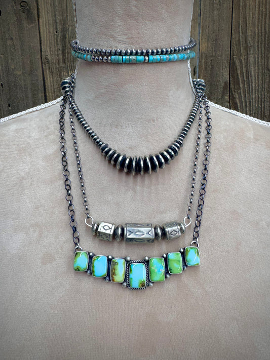 Native American Handmade Turquoise Bar Sterling Silver Necklace - Artist Signed