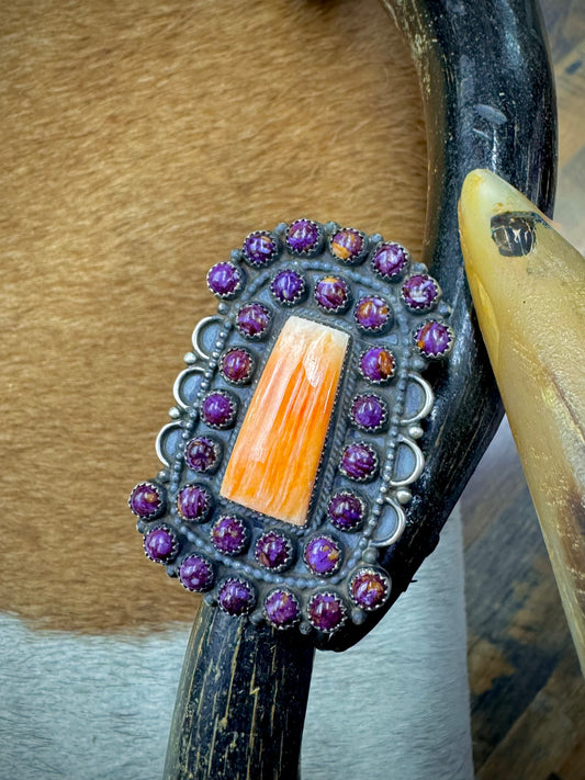 Handmade Native American Orange and Purple Spiny Oyster Statement Ring
