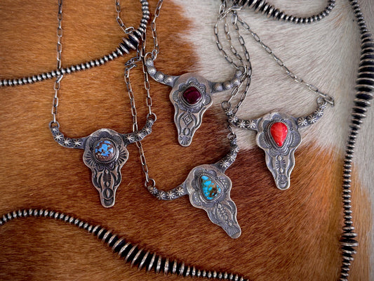 Native American Steer Skull Sterling Silver Necklace