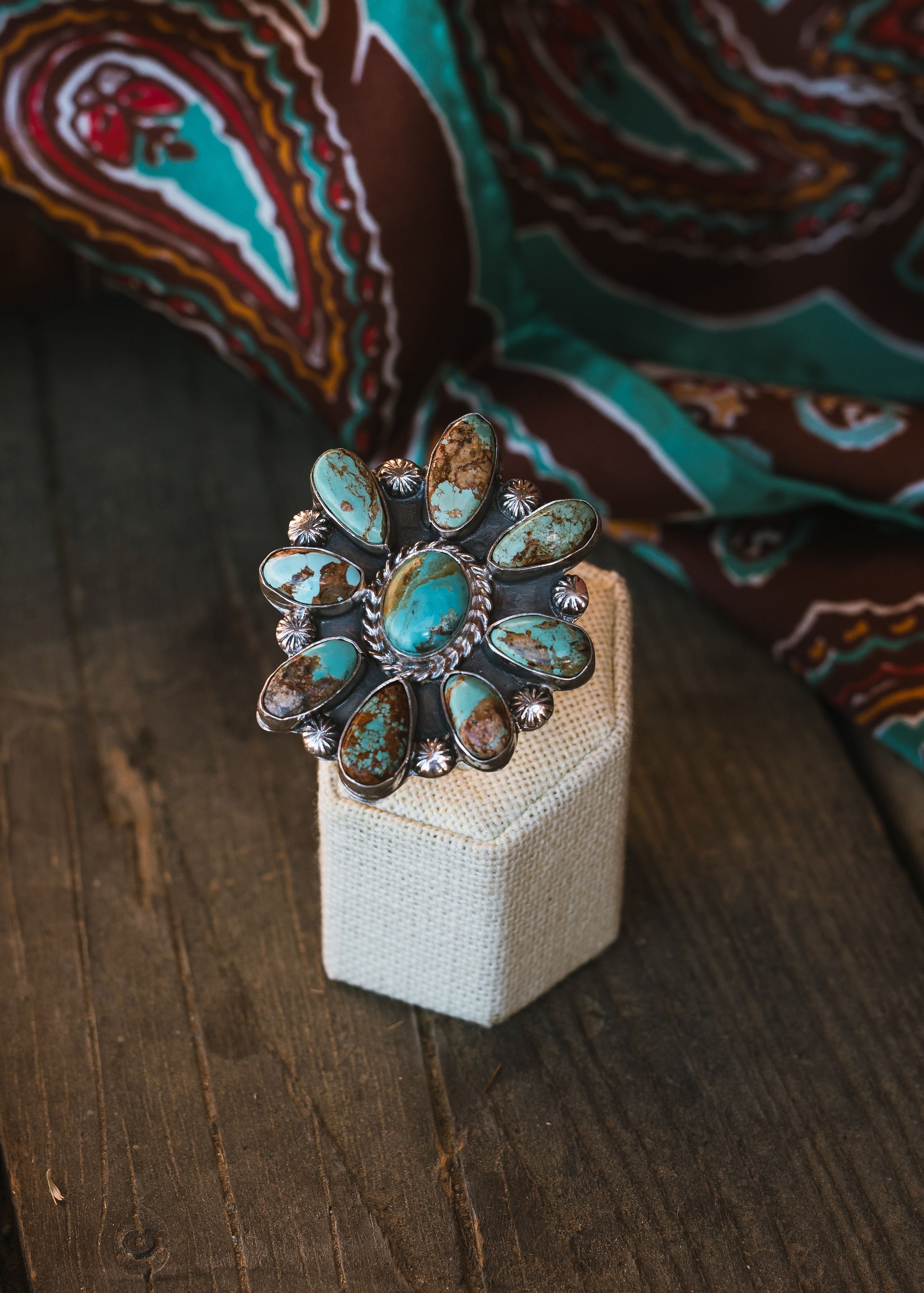 Native American Sterling Silver Statement  Adjustable Turquoise Cluster Ring