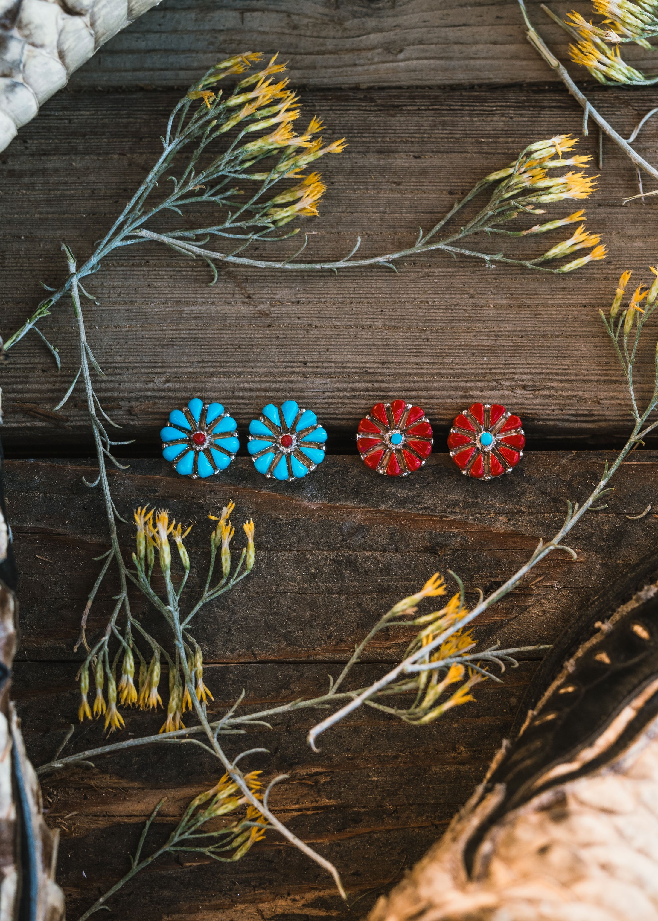 Pin Wheel Stud Earrings in Authentic Blue Turquoise Stones or Deep Red Coral Stones Set in Sterling Silver and marked