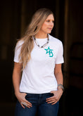 Load image into Gallery viewer, Unisex White and Teal Bougie Cattle Co. T-Shirt
