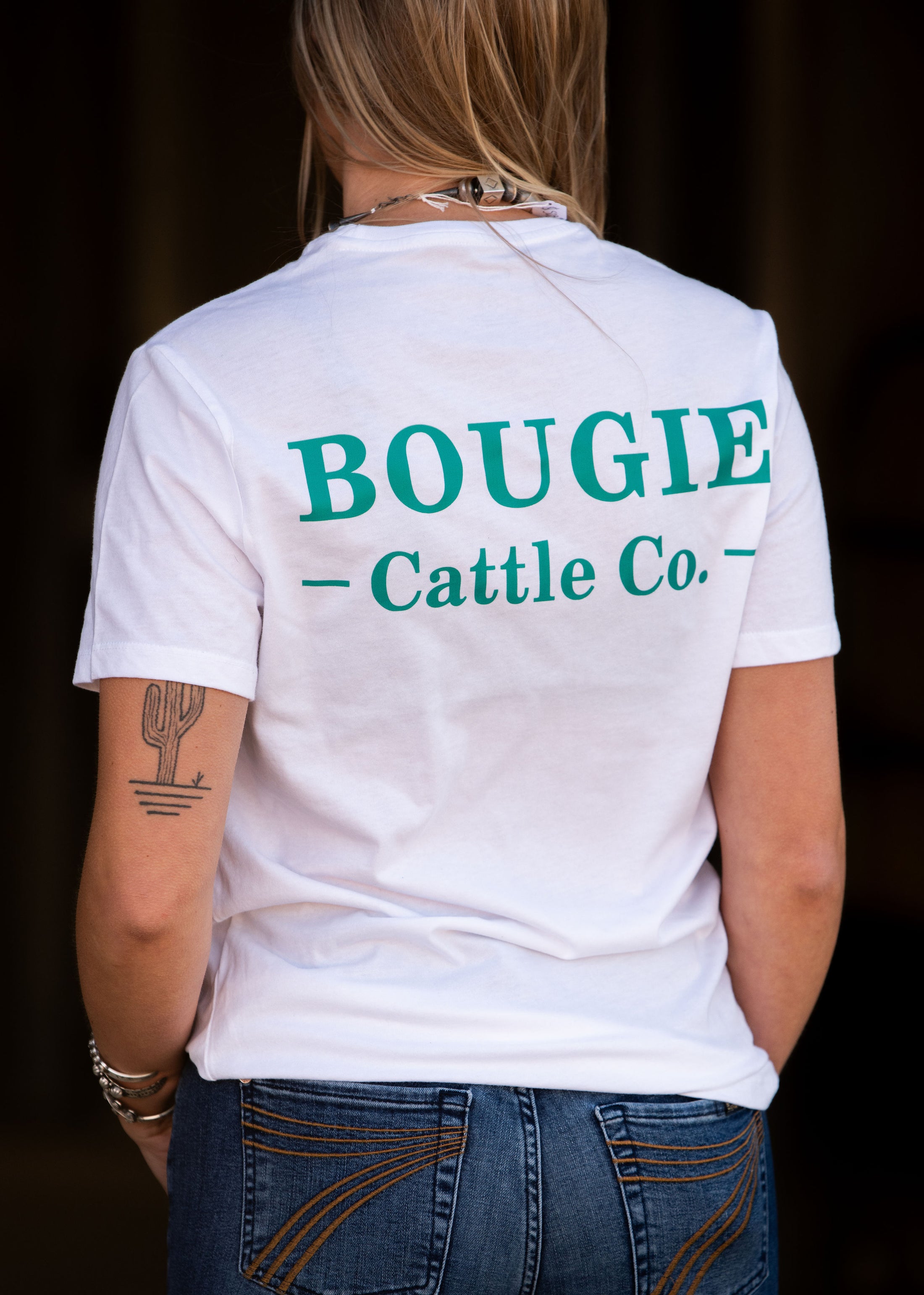 Unisex White and Teal Bougie Cattle Co. T-Shirt