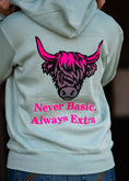 Load image into Gallery viewer, Teal & Hot Pink Highland Cow "Never Basic Always Extra" Sweatshirt
