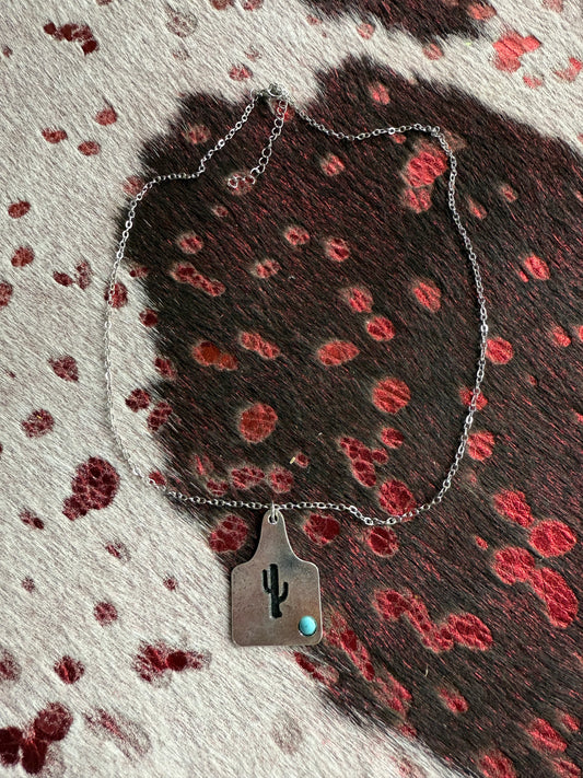 Reversible Bougie Cattle Company Dog  Tag Necklace with Turquoise Stone