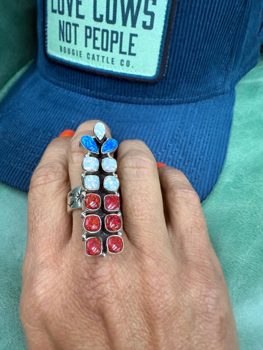 4TH OF JULY COLLECTION HANDMADE RED, WHITE & BLUE FIRE OPAL & STERLING SILVER ADJUSTABLE RING