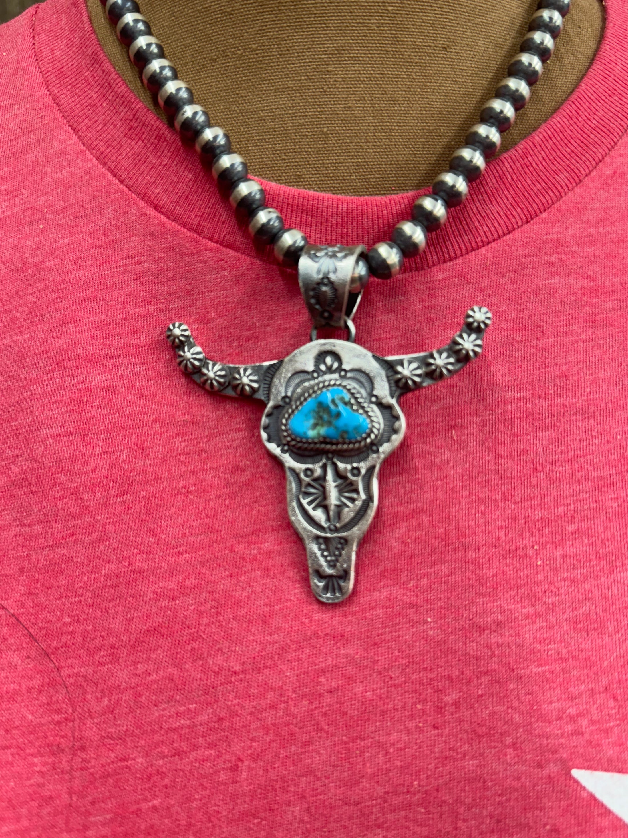 Native American Hand stamped Steerhead pendant complete with 18 inch Sterling Navajo pearls!