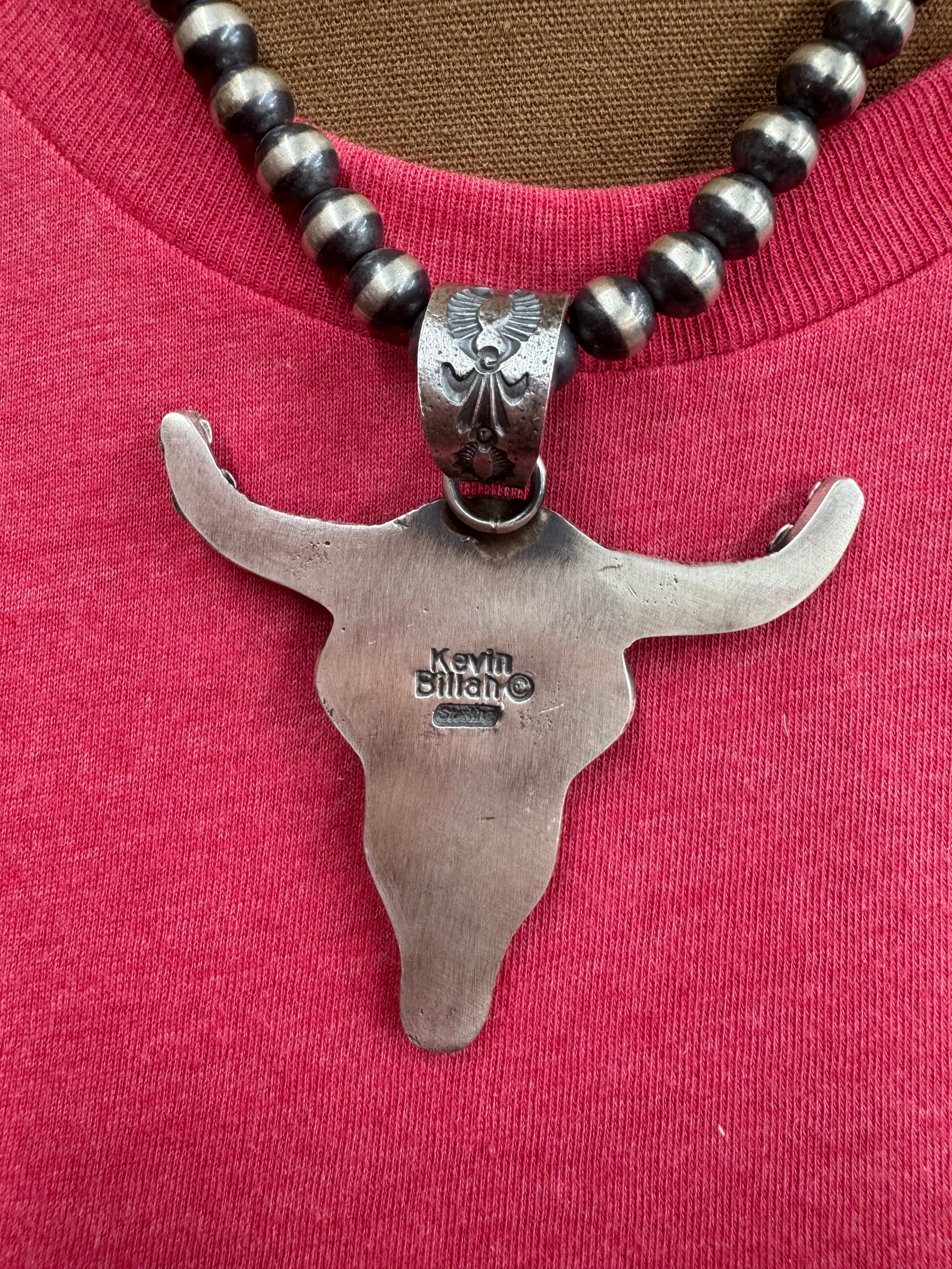 Native American Hand stamped Steerhead pendant complete with 18 inch Sterling Navajo pearls!