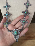 Load image into Gallery viewer, Sterling Silver Skull and Zia Symbol Turquoise Necklace with Earrings Set
