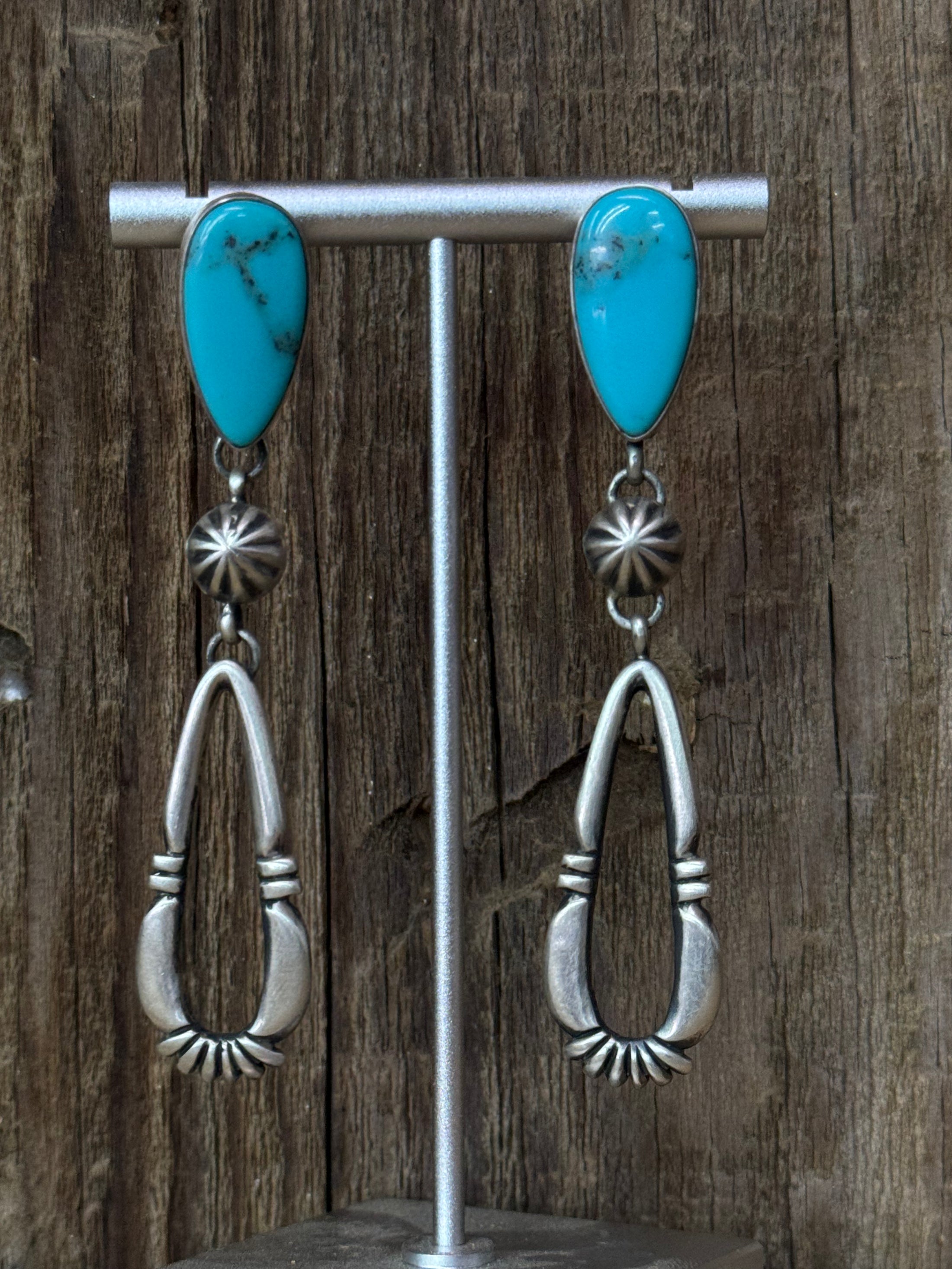 Native American Turquoise Dangle Sterling Silver Earrings - Artist Stamped