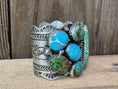 Load image into Gallery viewer, Native American Turquoise Sterling Silver Leroy James Statement Cuff - Artist Signed
