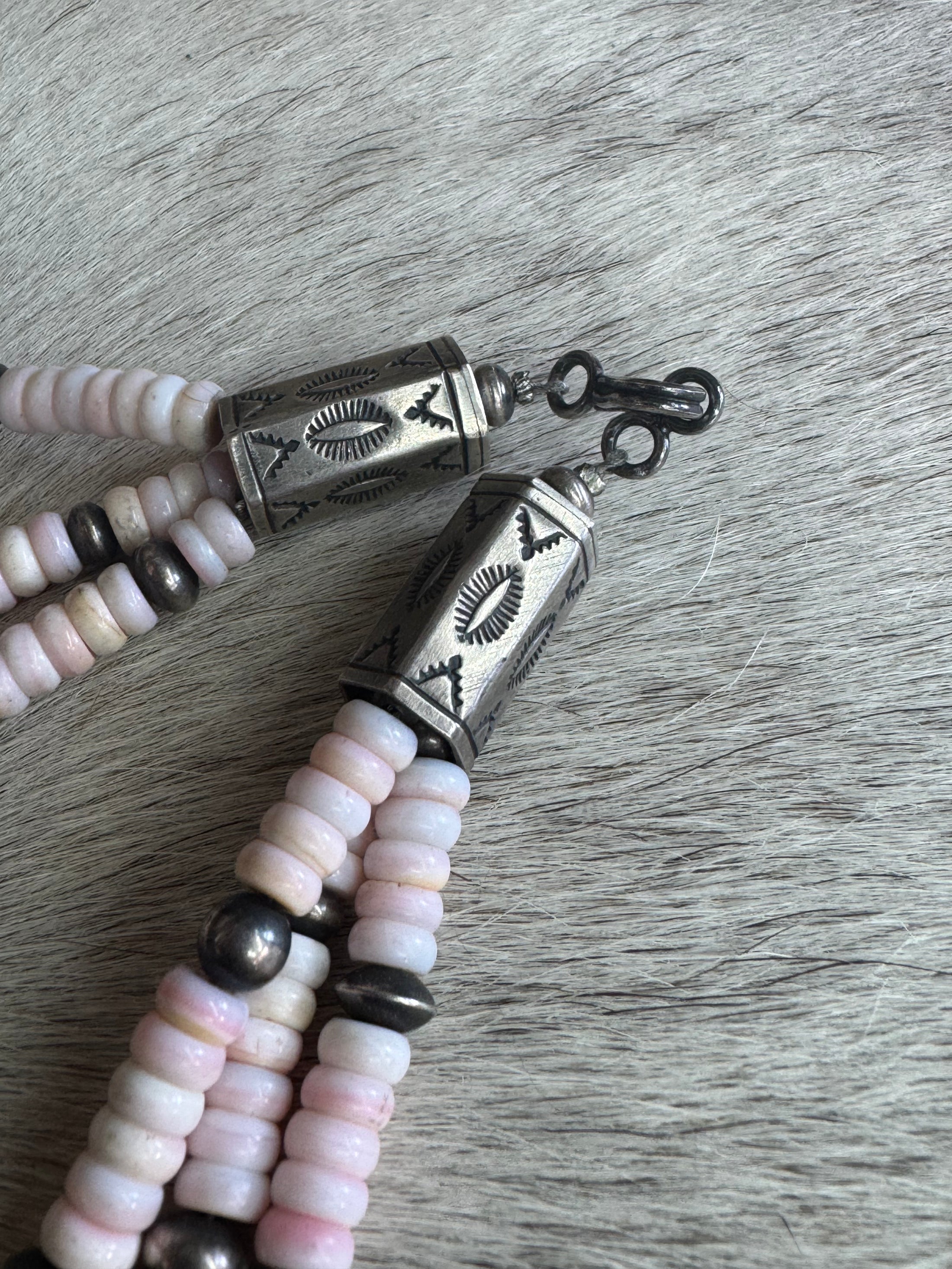 Native American 3 Strand Pink Conch Necklace with Pink Conch Cluster Sterling Silver Pendent - Artist Signed