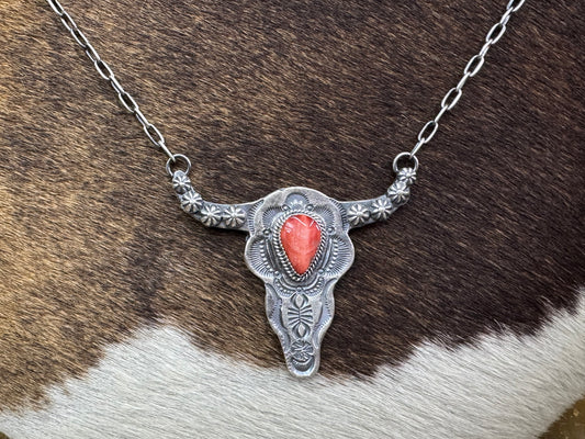 Native American Steer Skull Sterling Silver Necklace