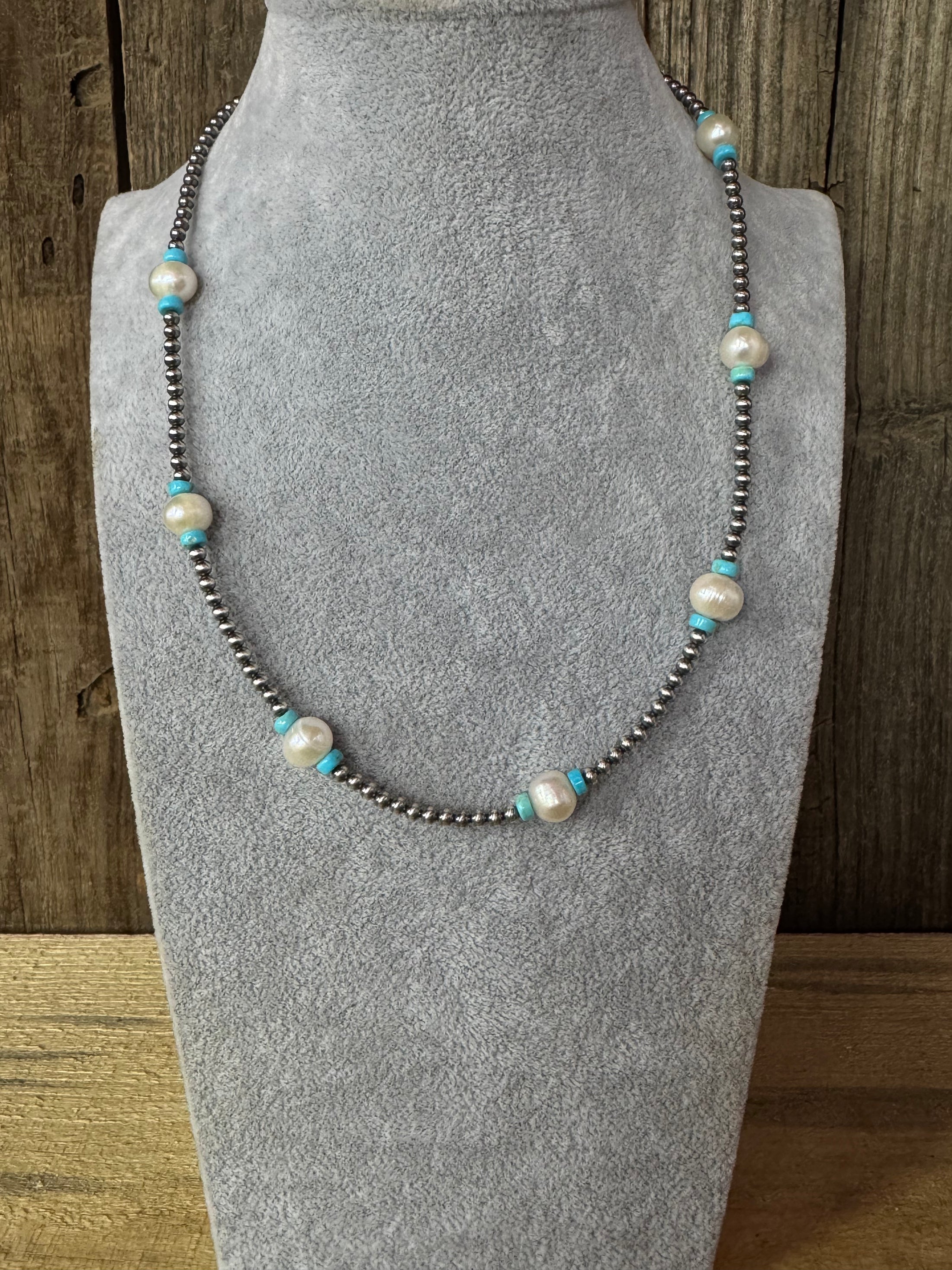 Native American Sterling Silver, Turquoise and Pearl Necklace