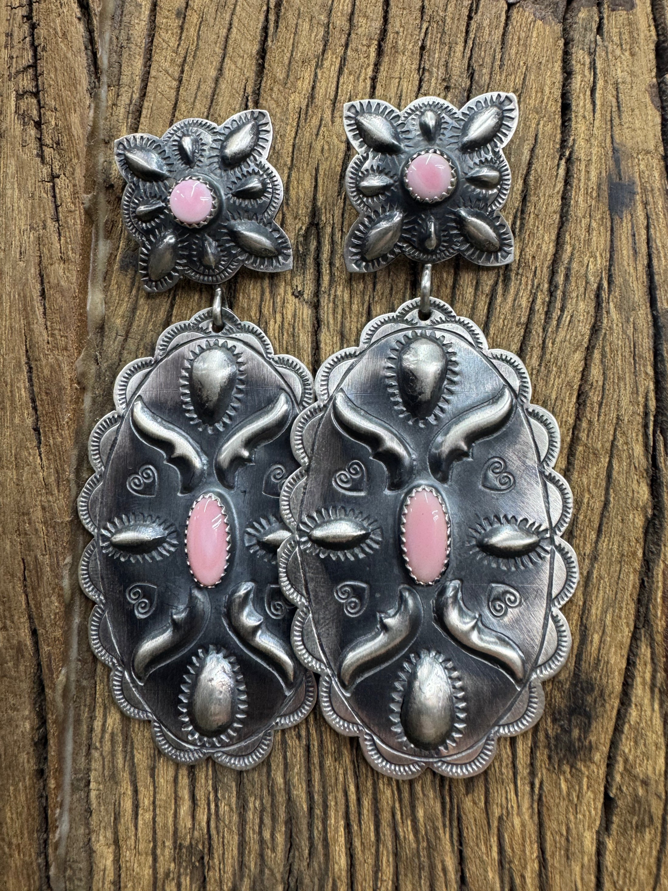 Native American Handmade Pink Conch Sterling Silver Dangle Earrings