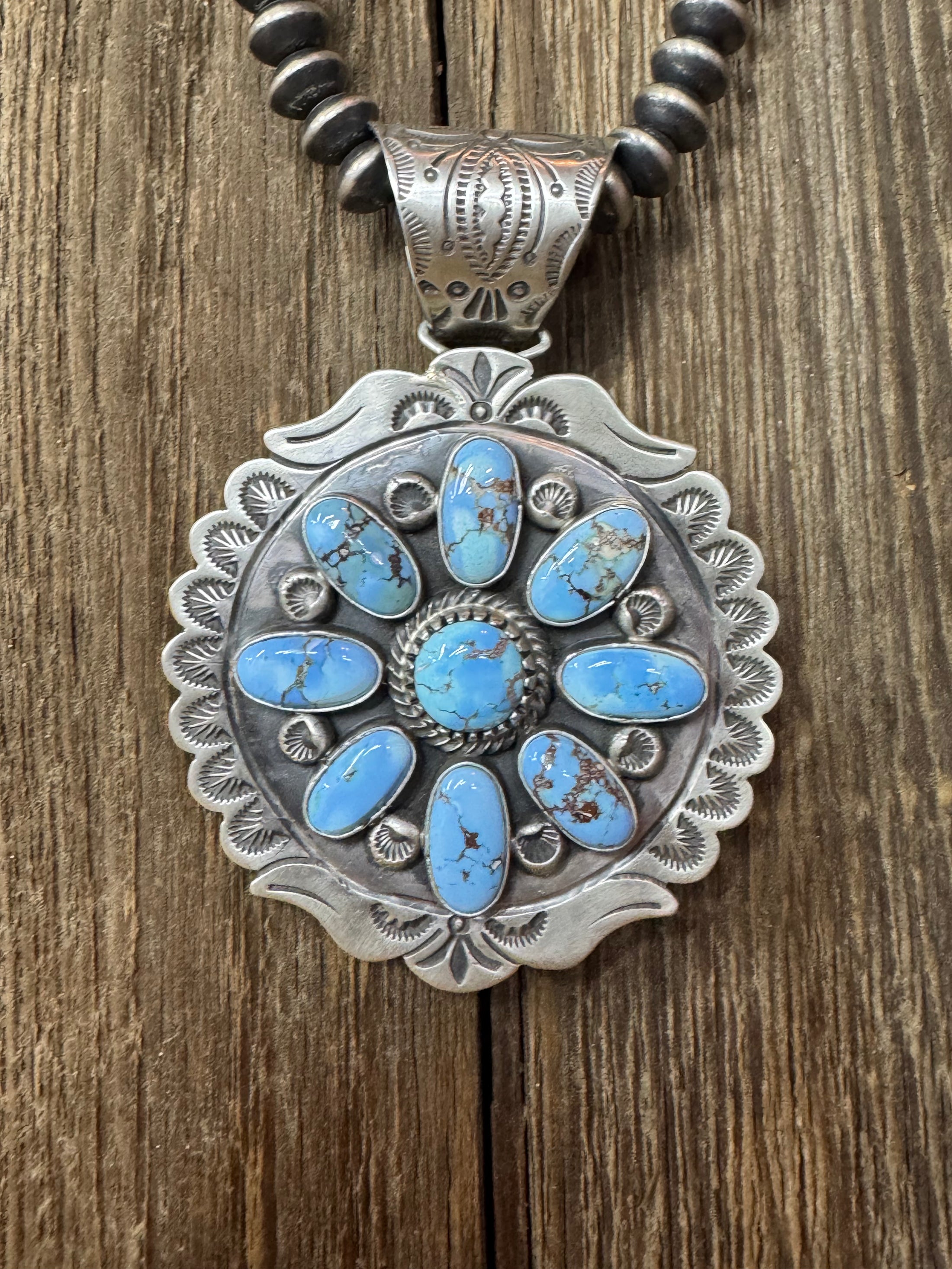 Native American Turquoise Cluster Sterling Silver Pendent - Artist Stamped