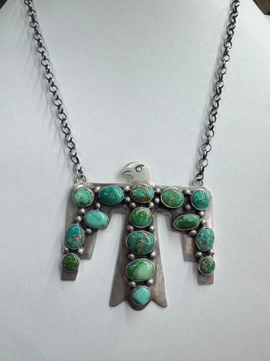 Huge Statement Handmade Native American Thunderbird Turquoise Sterling Silver Necklace