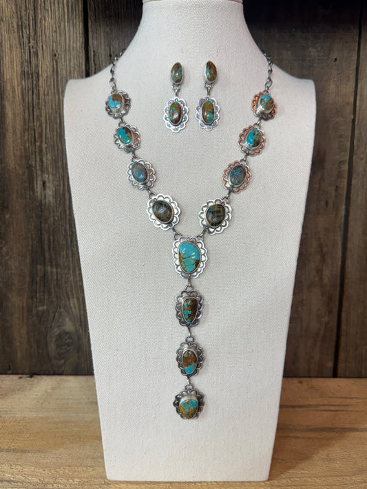 Handmade Native American Turquoise Sterling Silver Lariat Necklace with Earrings