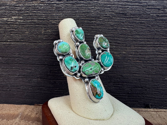 Native American Handmade Turquoise Cactus Sterling Silver Ring - Artist Stamped