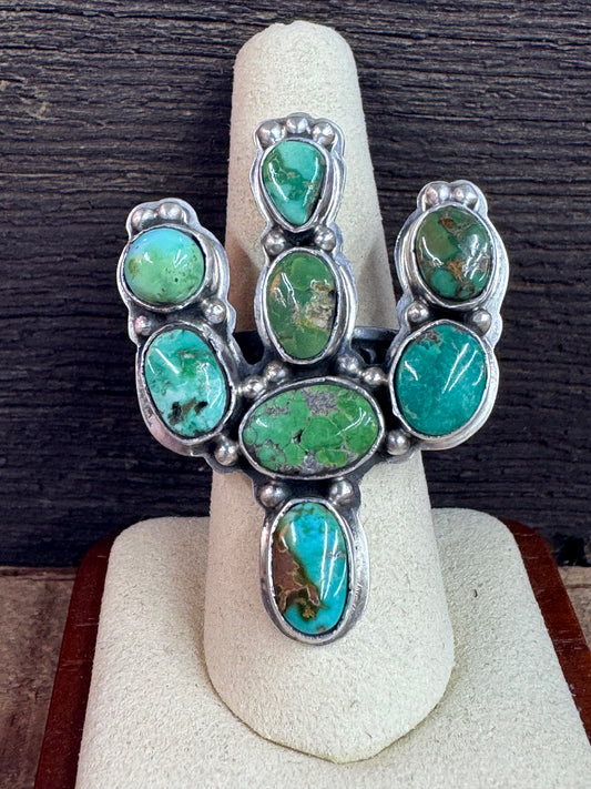 Native American Handmade Turquoise Cactus Sterling Silver Ring - Artist Stamped