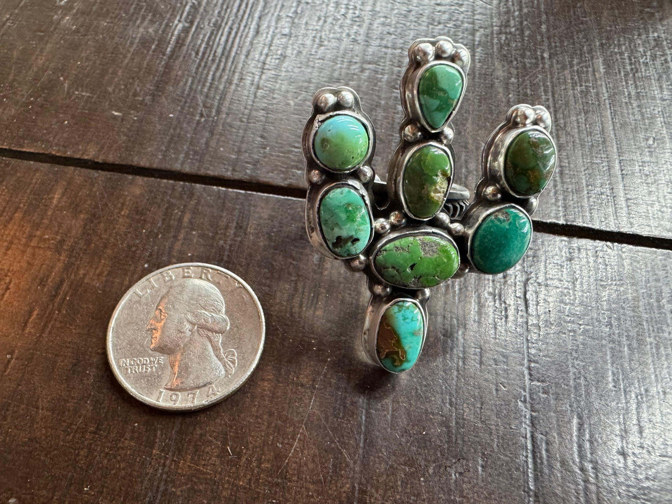 Native American Handmade Turquoise Cactus Sterling Silver Ring - Artist Stamped