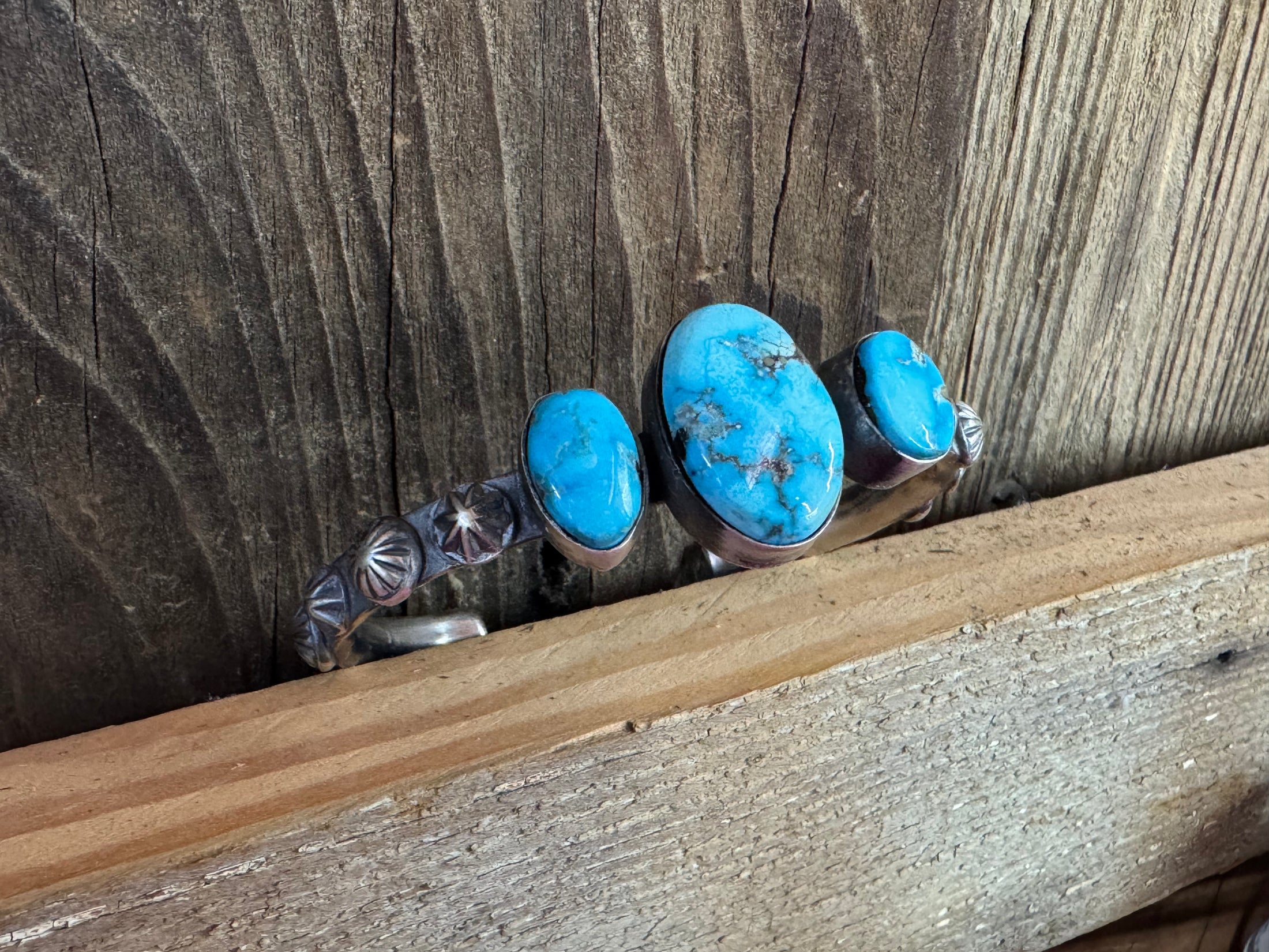 Native American Sterling Silver 3 Stone Turquoise Cuff - Artist Stamped