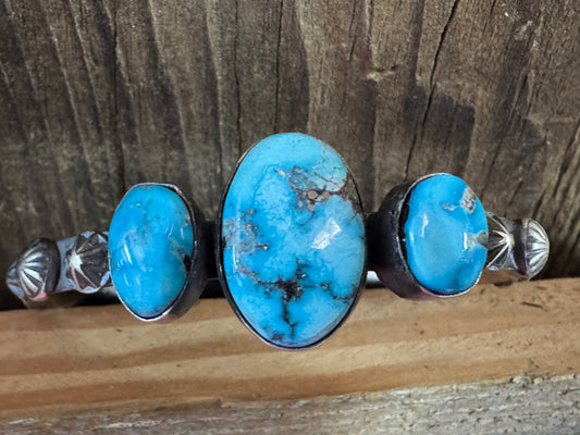 Native American Sterling Silver 3 Stone Turquoise Cuff - Artist Stamped