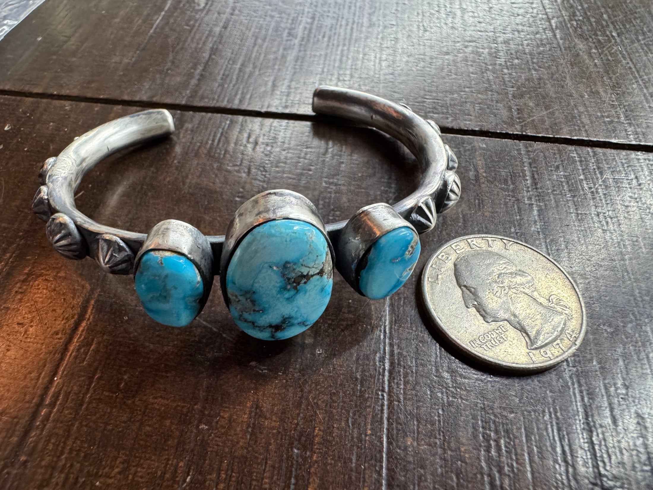 Native American Sterling Silver 3 Stone Turquoise Cuff - Artist Stamped