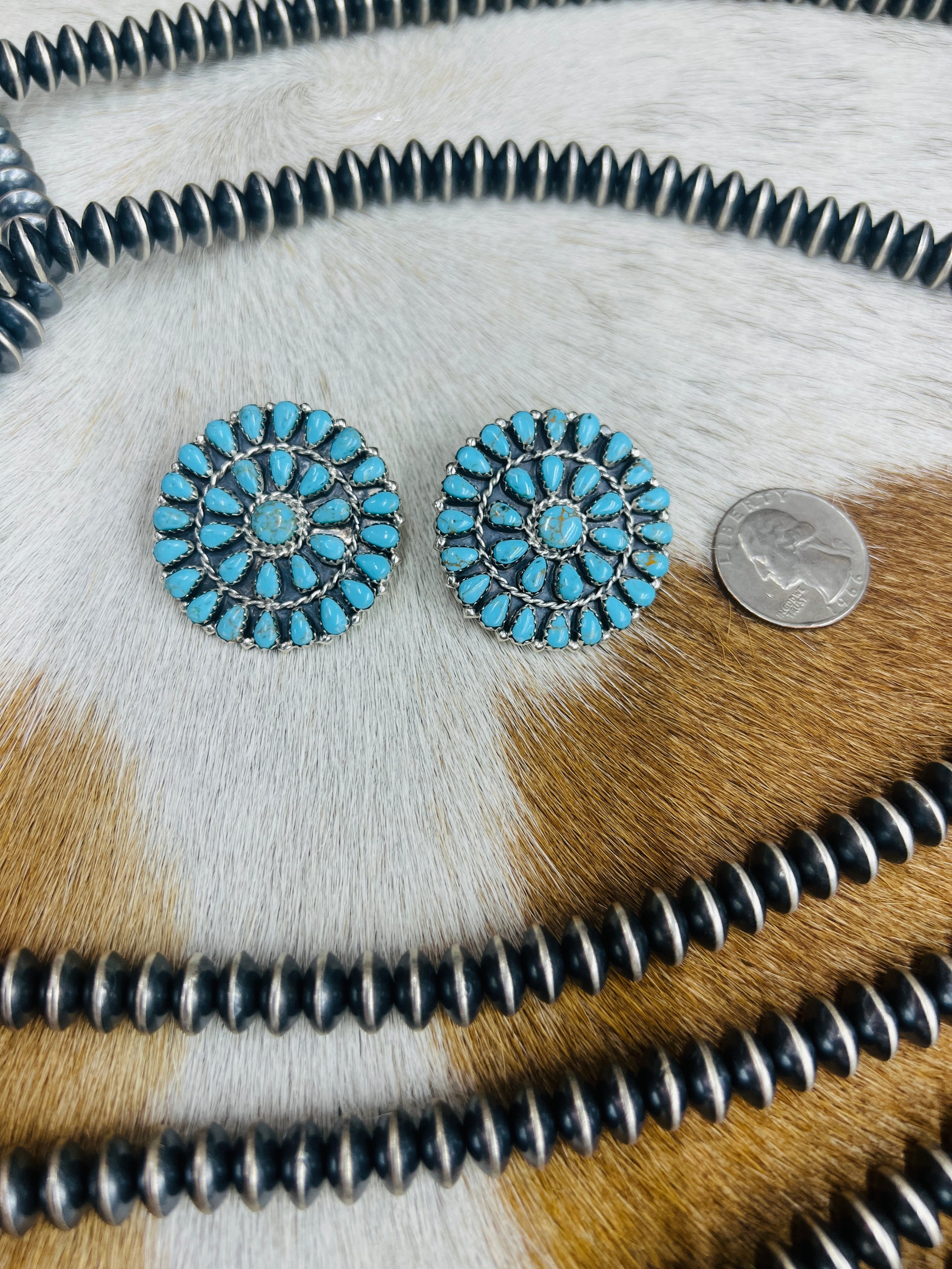 Sterling Silver Turquoise Cluster Concho Earrings