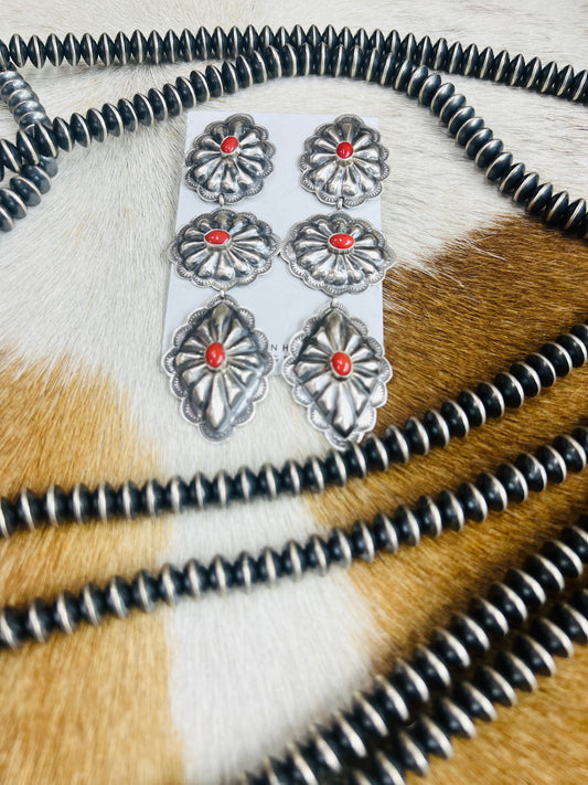 Sterling Silver Red Coral Concho Earrings