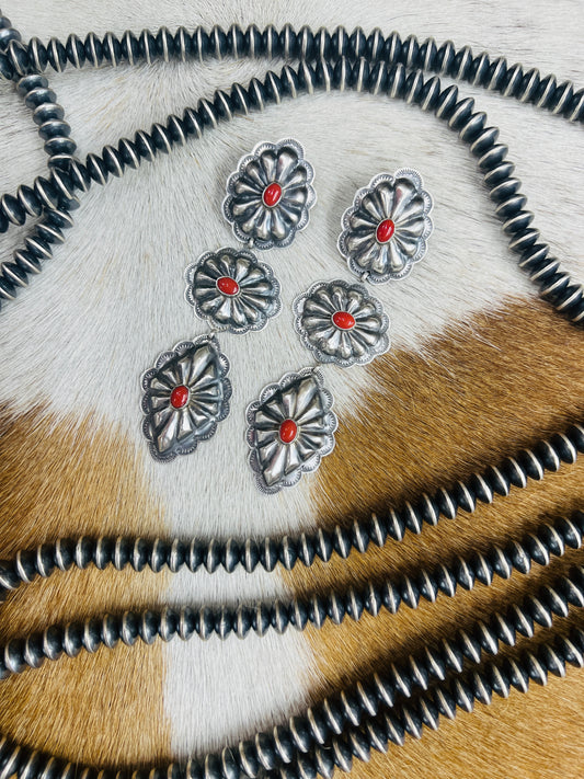 Sterling Silver Red Coral Concho Earrings