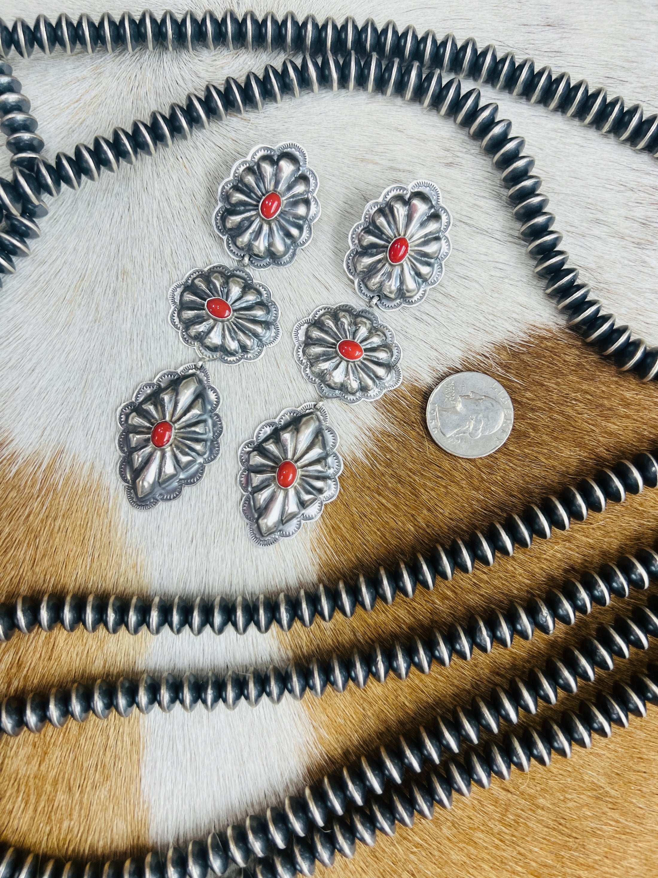 Sterling Silver Red Coral Concho Earrings