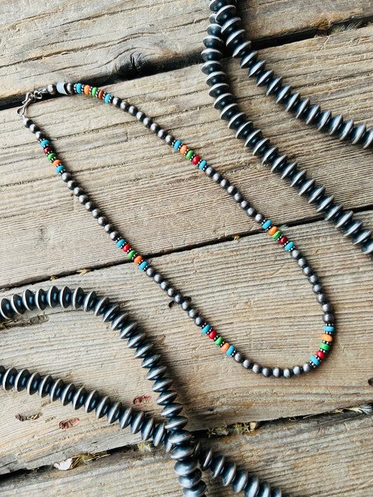 Sterling Silver Multi Stone Navajo Beaded Necklace