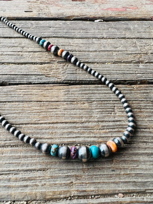 Navajo Sterling Silver & Multi Stone Beaded Necklace