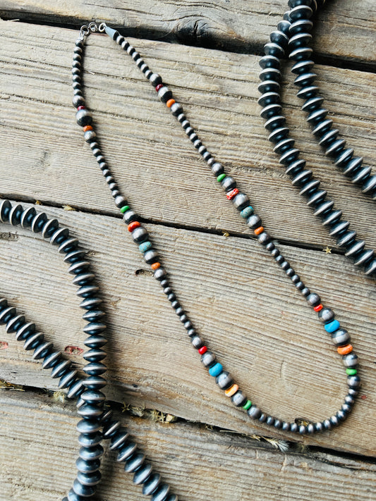 Navajo Sterling Silver & Multi Stone Beaded Necklace