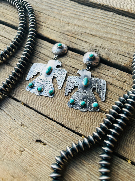 Large Sterling Silver Turquoise Thunderbird Earrings