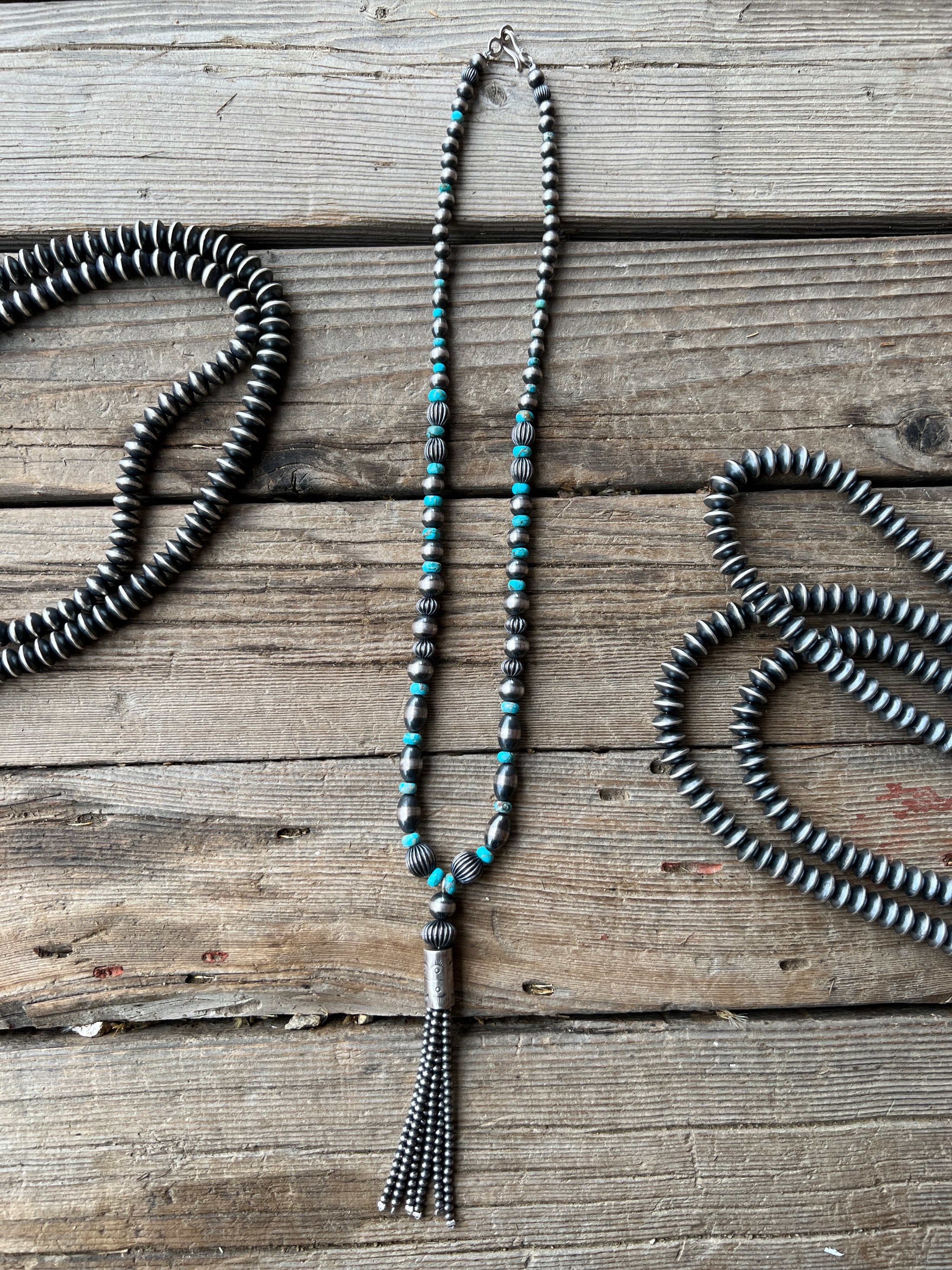 Sterling Silver Turquoise Navajo Beaded Tassel Necklace