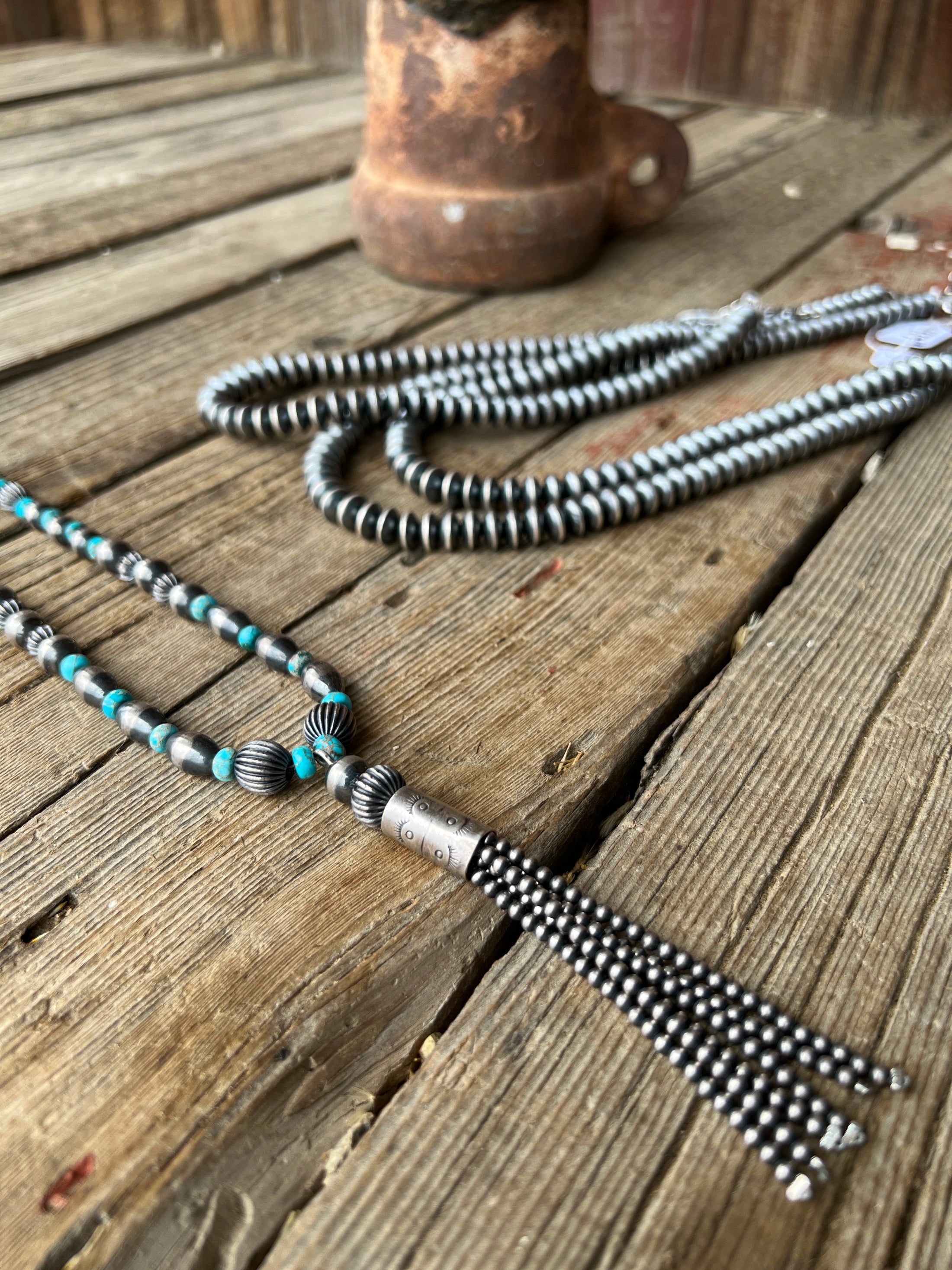 Sterling Silver Turquoise Navajo Beaded Tassel Necklace