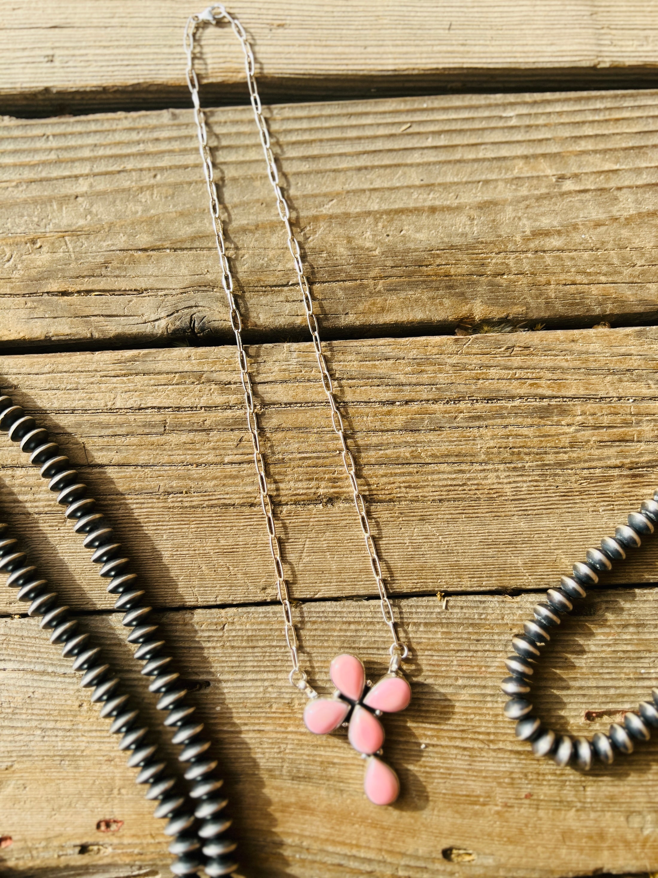 Sterling Silver Pink Conch Cross Necklace