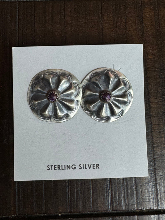 SS Circle Purple Spiny Oyster Earrings