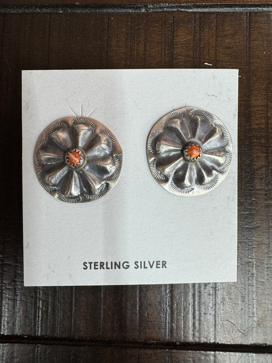 SS Circle Orange Spiny Oyster Earrings