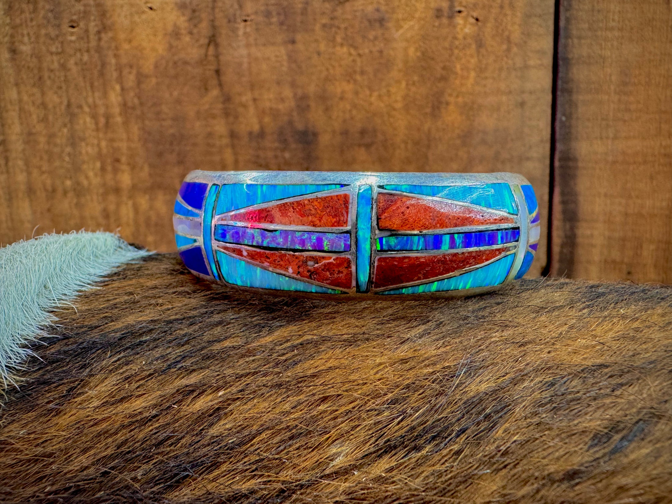 Native American Beautiful Sterling Silver Inlay Cuff