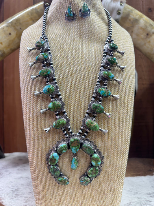Sterling Silver Turquoise Squash Blossom with Earrings Set