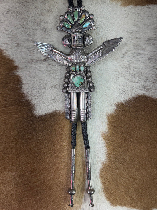 XL Sterling Silver Kachina Turquoise Bolo Tie